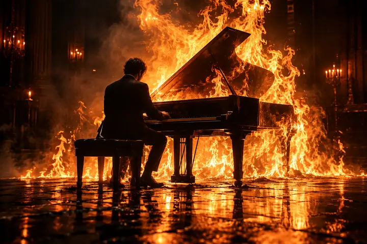 Ein Konzertflügel, umgeben von theatralischen Flammen in einem dunklen Raum, fotografiert mit filmischem bernsteinfarbenem Licht und tiefen Schatten.