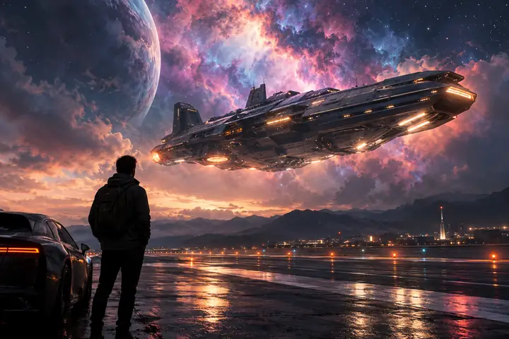 Ein elegantes Raumschiff schwebt unter pastellfarbenen Nebelwolken über einer nächtlichen Landebahn, atmosphärisch und filmisch.