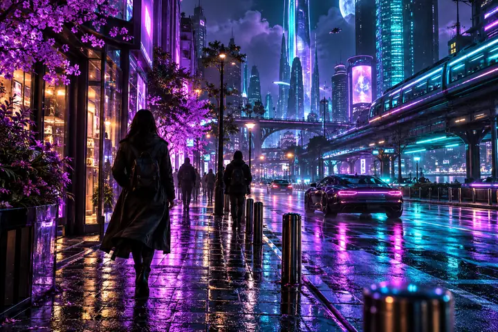 Eine detailreiche animierte Stadtstraße, die nachts violett und türkis leuchtet.