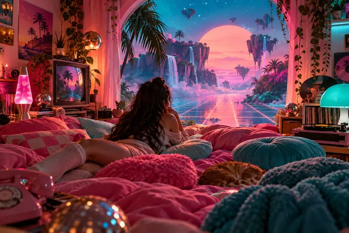 Ein farbenfrohes, surrealistisches Schlafzimmer voller pinker und türkisfarbener Kissen, Retro-Objekte und einer leuchtenden Neonraster-Traumlandschaft.