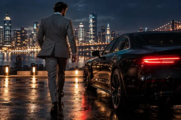 映画的な夜の照明の下、グレーのスーツを着たミュージシャンが車のそばを歩いている。