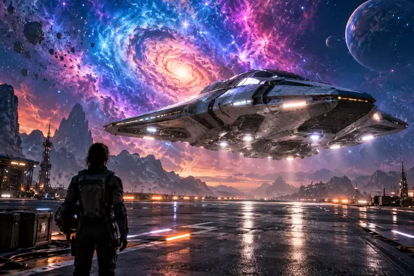 広大な青とピンクの星雲の下、滑走路の上空に浮かぶ銀色の宇宙船。