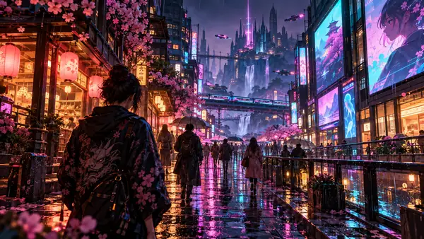 光るスクリーン、ターコイズとマゼンタのショップライト、夕暮れの雨に彩られた、ディテール豊かなアニメ風の街。
