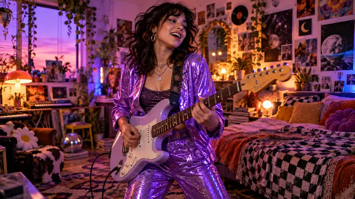 Ein Musiker in einem leuchtend violetten Outfit in einem farbenfrohen, collageartigen Schlafzimmer, inszeniert wie ein verspieltes Musikvideo-Standbild.