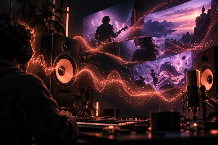Atmospheric cosmic visual scene with layered depth and color